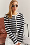 Women's Ecru Black Buttoned Striped Knitwear Cardigan Stk0010 - 7