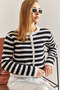 Women's Ecru Black Buttoned Striped Knitwear Cardigan Stk0010 - 5