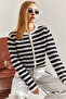 Women's Ecru Black Buttoned Striped Knitwear Cardigan Stk0010