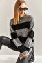 Women's Gray Black Hair Knitted Patterned Knitwear Sweater Stk0001 - 5