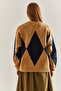 Women's Camel Navy Blue Diamond Patterned Knitwear Sweater Stk0013 - 2