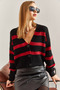 Women's Black Red Three-Button Striped Knitwear Cardigan Stk0011 - 3