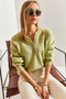 Women's Light Green Collared Knitted Turtleneck Striped Sweater 20223207 - 6
