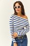 Women's Cobalt Blue Striped Premium Soft Touch Boat Neck Flexible Blouse BLZ-19002448 - 5
