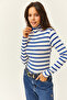 Women's Cobalt Blue Striped Turtleneck Premium Soft Touch Flexible Blouse BLZ-19002449 - 6