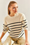 Women's Cream Black Striped Thessaloniki Knitted Sweater 20234526 - 3