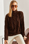 Women's Brown Half Turtleneck Hair Knit Patterned Knitwear Sweater 20234525 - 5