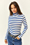 Women's Cobalt Blue Striped Turtleneck Premium Soft Touch Flexible Blouse BLZ-19002449 - 3
