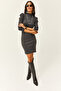 Women's Anthracite Half Turtleneck Princess Sleeve Brushed Inside Mini Dress ELB-19002006 - 3