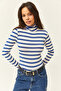 Women's Cobalt Blue Striped Turtleneck Premium Soft Touch Flexible Blouse BLZ-19002449 - 4