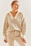Women's Cream Camel Striped Zippered Knitwear Sweater 20234282 - 6