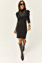 Women's Black Half Turtleneck Princess Sleeve Raised Mini Dress ELB-19002006