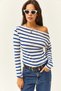 Women's Cobalt Blue Striped Premium Soft Touch Boat Neck Flexible Blouse BLZ-19002448 - 2