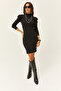 Women's Black Half Turtleneck Princess Sleeve Raised Mini Dress ELB-19002006 - 2