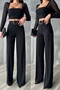 Women's Black Full Lycra Yellow Buckle Belt Wide Leg Palazzo Pants
