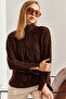 Women's Brown Half Turtleneck Hair Knit Patterned Knitwear Sweater 20234525