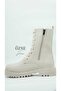 Women's Beige Lace Up Boots with Zipper Boots - 4