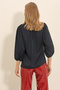 Women's Black Collar Collar Shoulders Gipelled Balloon Sleeve Button Detailed Satin Blouse ALC-X11337 - 5