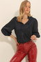Women's Black Collar Collar Shoulders Gipelled Balloon Sleeve Button Detailed Satin Blouse ALC-X11337 - 3
