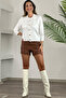 Tan Elastic Waist Ribbed Faux Leather Shorts
