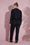 Women's Black Long Sleeve Cotton Front Buttoned Piping Pajama Set - 3