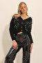 Black Diamond Patterned Floral Embroidered Knitwear Cardigan Alc-X8993 - 3