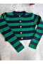 Green Navy Striped Crew Neck Crop Knitwear Cardigan - 5