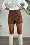 Tan Elastic Waist Ribbed Faux Leather Shorts - 2