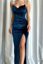 Stone Strap Double Breasted Lip Collar Low-Cut Chest Slit Gathered Velvet Long Evening Graduation Dress - 5