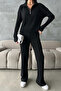 Black Zippered Sweater Trousers Knitwear Set