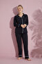 Women's Black Long Sleeve Cotton Front Buttoned Piping Pajama Set - 2