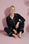 Women's Black Long Sleeve Cotton Front Buttoned Piping Pajama Set