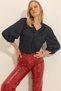 Women's Black Collar Collar Shoulders Gipelled Balloon Sleeve Button Detailed Satin Blouse ALC-X11337 - 4