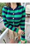 Green Navy Striped Crew Neck Crop Knitwear Cardigan - 2