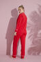 Women's Red Long Sleeve Cotton Front Buttoned Piping Pajama Set - 3
