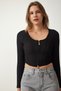 Women's Black Zippered Ribbed Crop Blouse SF00006 - 3