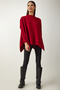 Women's Red Stand-Up Collar Slit Knitwear Poncho Sweater ZA00074