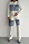 Denim Jeans Paneled Pocket Detailed Hooded Top and Bottom Set - 5