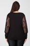 Women's Plus Size Black Blouse with Tulle Sleeves and Flocked Design 65n12468 - 5