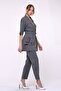 Women's Gray Shirt Collar Striped Pattern Side Seal Pocket Detailed Belted Top and Bottom Set - 8