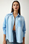 Women's Sky Blue Striped Oversize Cotton Woven Shirt SF00009 - 3