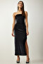 Women's Black Strapless Collar Slit Elegant Velvet Dress MC00252 - 4