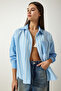 Women's Sky Blue Striped Oversize Cotton Woven Shirt SF00009