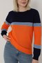 Women's Orange Navy Blue Striped Crew Neck Knitwear Sweater