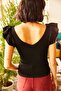 Women's Black Front Back V Shoulder Ruffle Knitwear Blouse BLZ-19001097 - 5