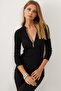 Women's Black Zip-Collar Ribbed Knit Blouse Yİ1953