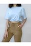 Women's Blue Elastic Waist Crop Crew Neck Short Sleeve T-shirt