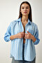 Women's Sky Blue Striped Oversize Cotton Woven Shirt SF00009 - 2