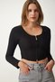 Women's Black Zippered Ribbed Crop Blouse SF00006 - 4