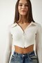 Women's Ecru Zippered Polo Neck Crop Knitted Blouse CE00090 - 4
